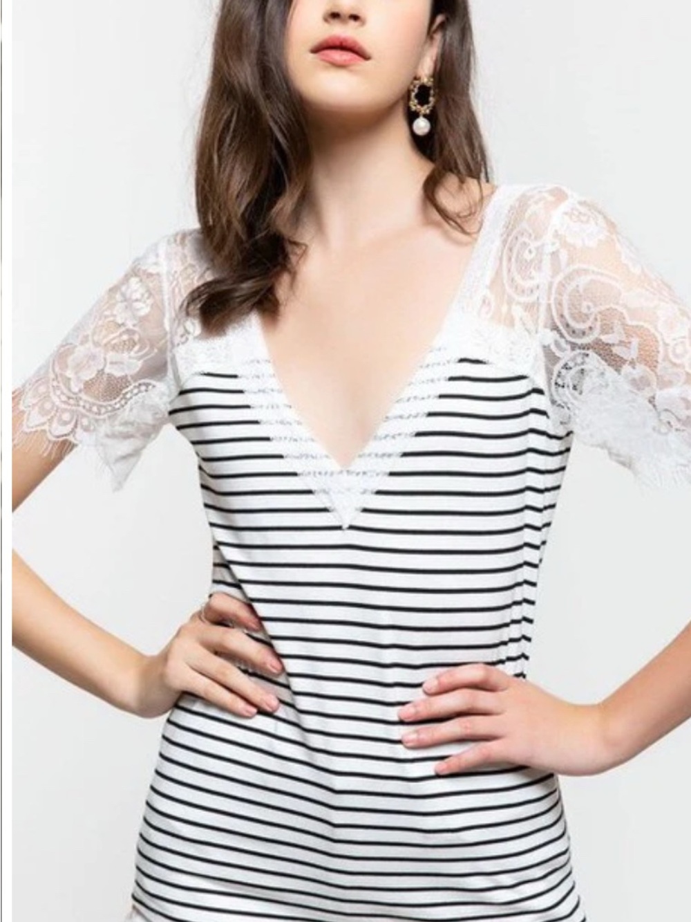 POL Striped Lace Sleeve Top White Black Size Large Boho Coastal Romantic